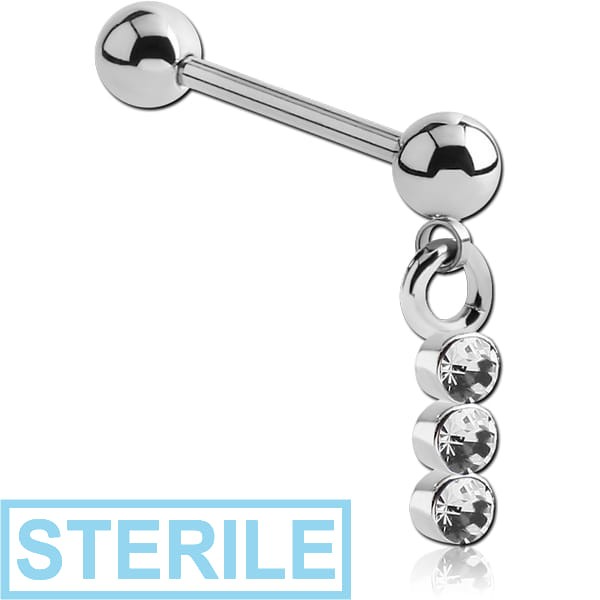 STERILE SURGICAL STEEL MICRO BARBELL WITH DANGLING TRIPLE JEWELLED CHARM