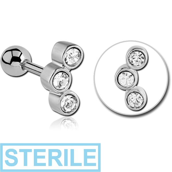 STERILE SURGICAL STEEL TRIPLE JEWELLED TRAGUS MICRO BARBELL