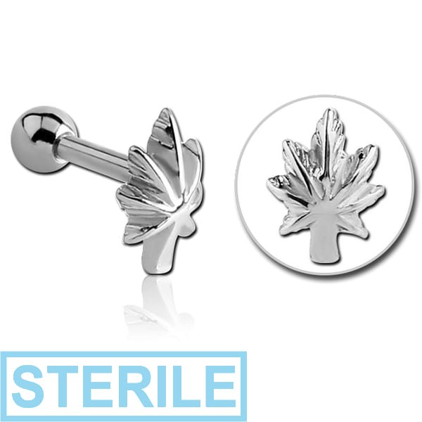 STERILE SURGICAL STEEL TRAGUS MICRO BARBELL - MARIJUANA LEAF