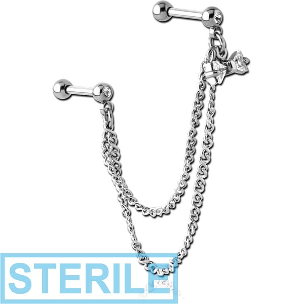 STERILE SURGICAL STEEL JEWELLED TRAGUS MICRO BARBELLS CHAIN LINKED - BOW