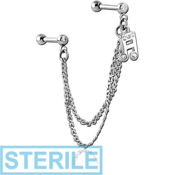 STERILE SURGICAL STEEL JEWELLED TRAGUS MICRO BARBELLS CHAIN LINKED - MUSIC NOTE