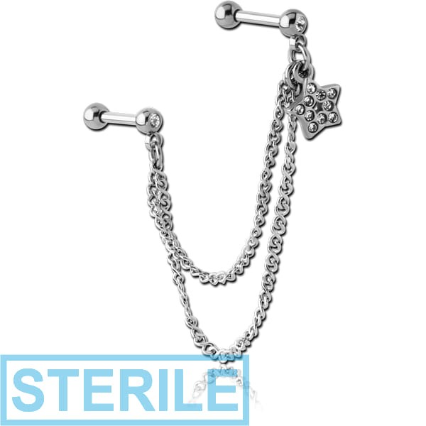 STERILE SURGICAL STEEL JEWELLED TRAGUS MICRO BARBELLS CHAIN LINKED - STAR