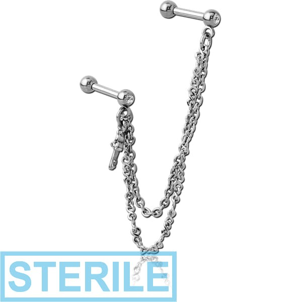 STERILE SURGICAL STEEL JEWELLED TRAGUS MICRO BARBELLS CHAIN LINKED - KEY