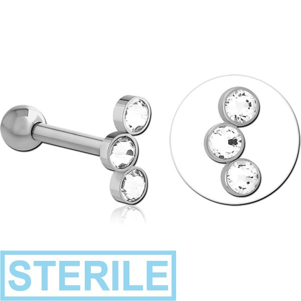 STERILE SURGICAL STEEL TRIPLE PREMIUM CRYSTAL JEWELLED TRAGUS MICRO BARBELL