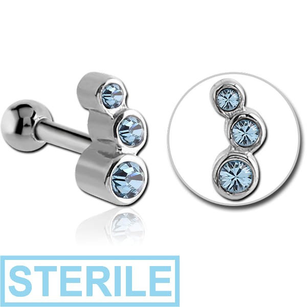 STERILE SURGICAL STEEL TRIPLE JEWELLED TRAGUS MICRO BARBELL