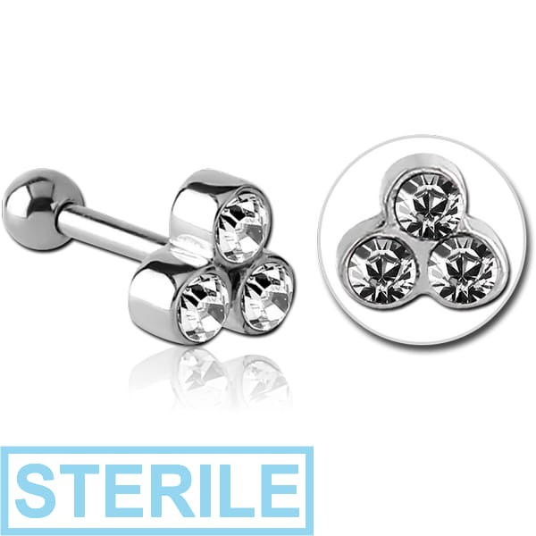 STERILE SURGICAL STEEL TRIPLE JEWELLED TRAGUS MICRO BARBELL
