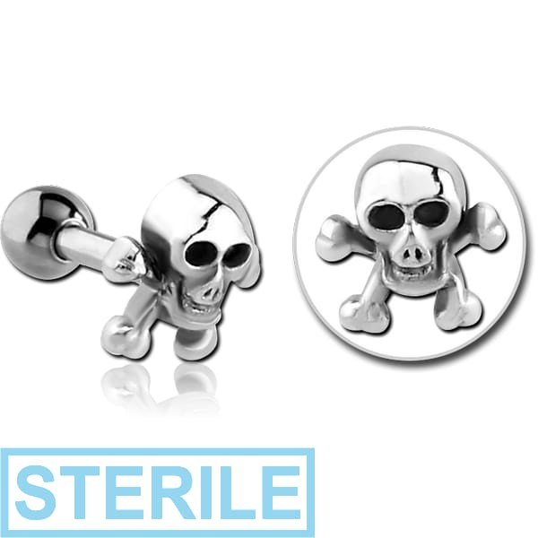 STERILE SURGICAL STEEL TRAGUS MICRO BARBELL - CROSSBONES SKULL