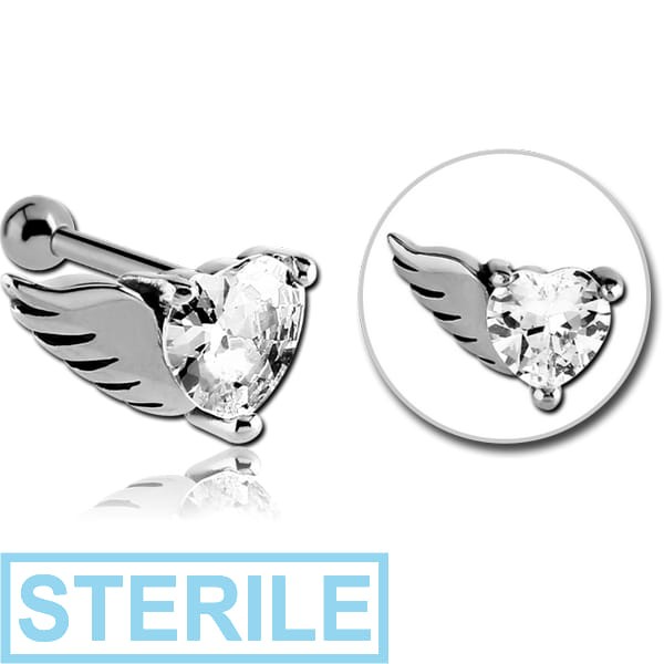 STERILE SURGICAL STEEL JEWELLED WINGED HEART TRAGUS MICRO BARBELL