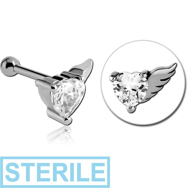 STERILE SURGICAL STEEL JEWELLED WINGED HEART TRAGUS MICRO BARBELL