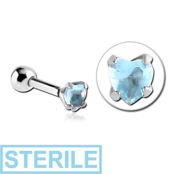 STERILE SURGICAL STEEL HEART PRONG SET JEWELLED TRAGUS MICRO BARBELL