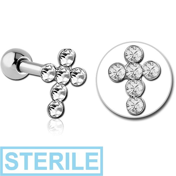 STERILE SURGICAL STEEL JEWELLED CROSS TRAGUS MICRO BARBELL