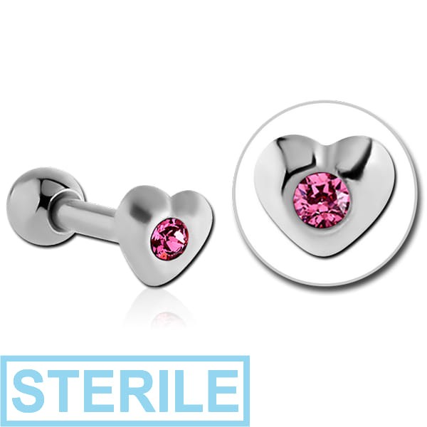 STERILE SURGICAL STEEL JEWELLED HEART TRAGUS MICRO BARBELL