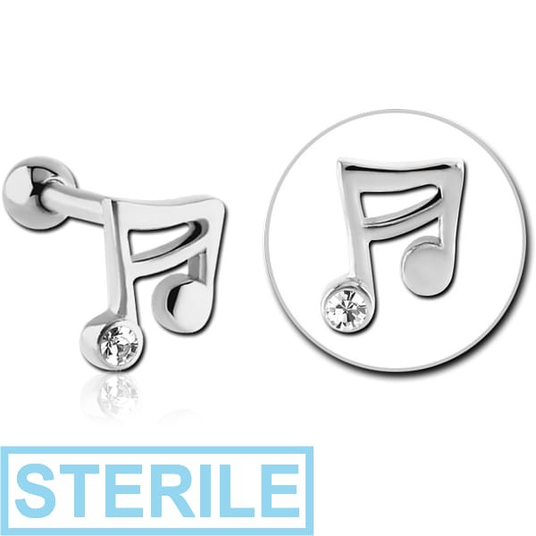 STERILE SURGICAL STEEL JEWELLED TRAGUS MICRO BARBELL - MUSIC NOTE