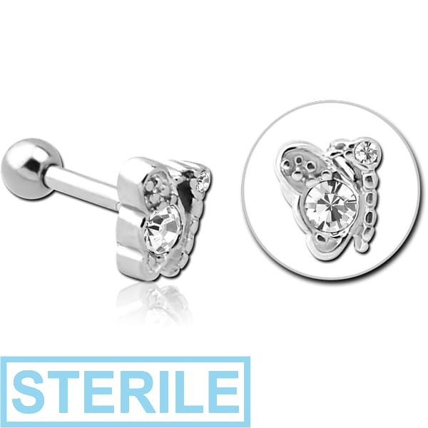 STERILE SURGICAL STEEL JEWELLED TRAGUS MICRO BARBELL - BUTTERFLY