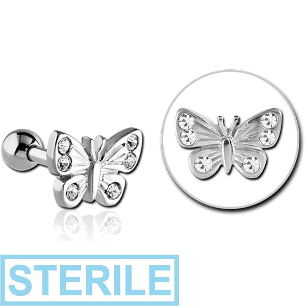 STERILE SURGICAL STEEL JEWELLED TRAGUS BARBELL - BUTTERFLY