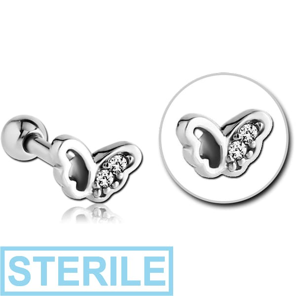 STERILE SURGICAL STEEL JEWELLED TRAGUS MICRO BARBELL - BUTTERFLY