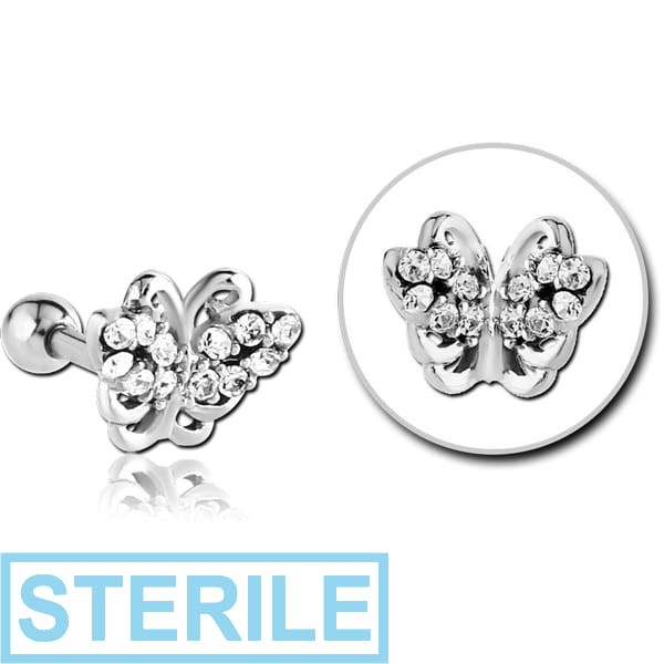 STERILE SURGICAL STEEL JEWELLED TRAGUS MICRO BARBELL - BUTTERFLY