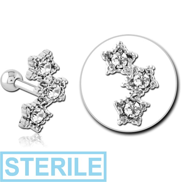STERILE SURGICAL STEEL JEWELLED TRAGUS MICRO BARBELL - THREE STARS