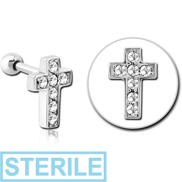 STERILE SURGICAL STEEL JEWELLED TRAGUS MICRO BARBELL - CROSS