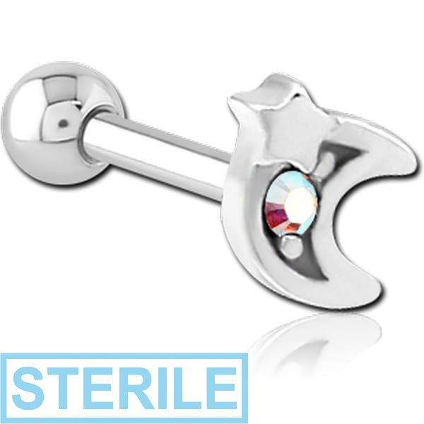 STERILE SURGICAL STEEL JEWELLED TRAGUS MICRO BARBELL - CRESCENT AND STAR