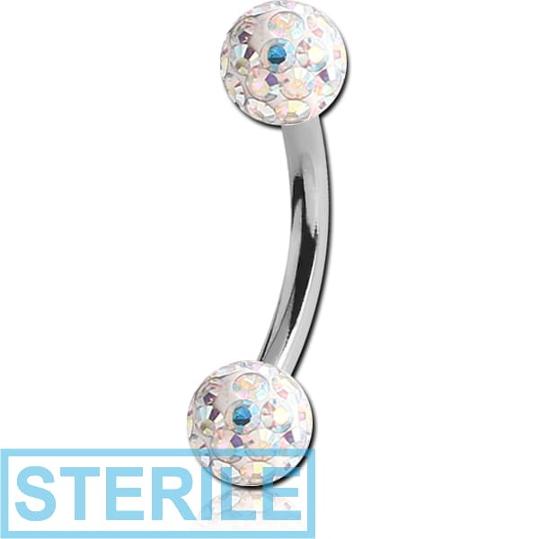 STERILE SURGICAL STEEL CURVED MICRO BARBELL WITH EPOXY COATED CRYSTALINE JEWELLED BALLS