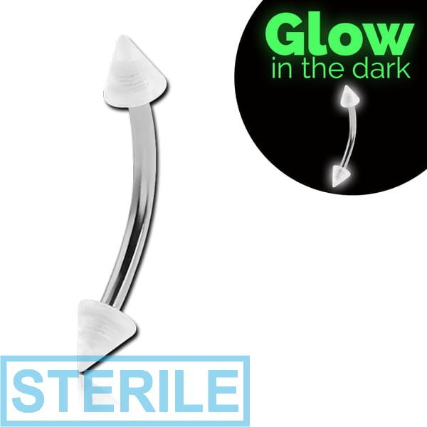 STERILE SURGICAL STEEL CURVED MICRO BARBELL WITH UV ACRYLIC GLOW IN DARK CONES