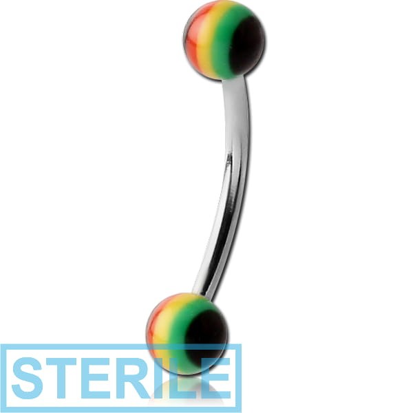 STERILE SURGICAL STEEL CURVED MICRO BARBELL WITH UV ACRYLIC RASTA BALLS