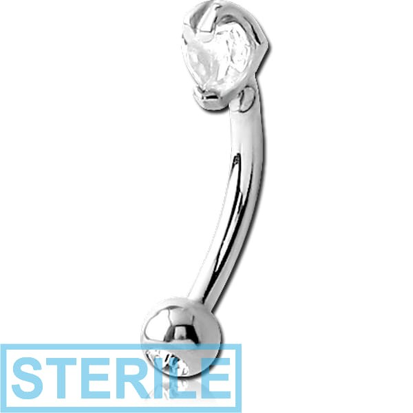 STERILE SURGICAL STEEL DOUBLE JEWELLED 3MM HEART PRONG SET FANCY CURVED MICRO BARBELL