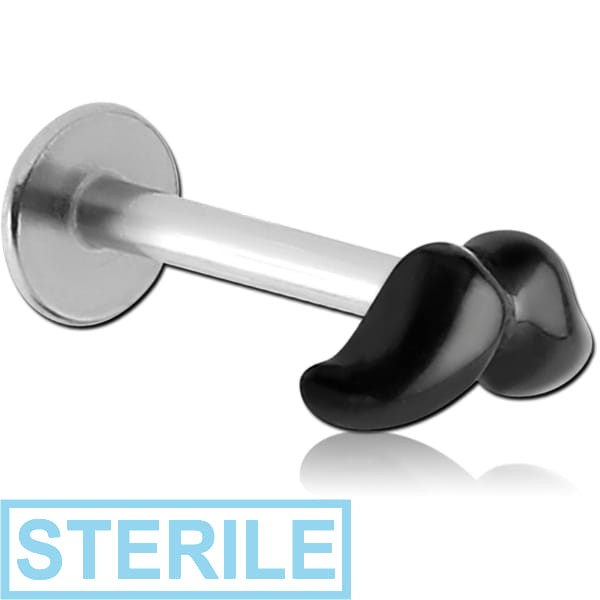 STERILE SURGICAL STEEL MICRO LABRET WITH BLACK PVD MUSTACHE