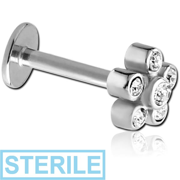 STERILE SURGICAL STEEL MICRO LABRET WITH JEWELLED ATTACHMENT - FLOWER