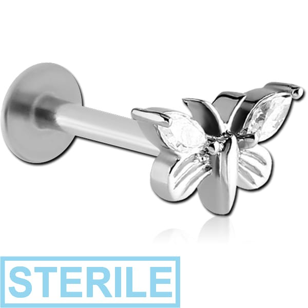 STERILE SURGICAL STEEL MICRO LABRET WITH JEWELLED ATTACHMENT - BUTTERFLY