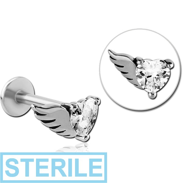 STERILE SURGICAL STEEL MICRO LABRET WITH JEWELLED ATTACHMENT - HEART WITH LEFT WING