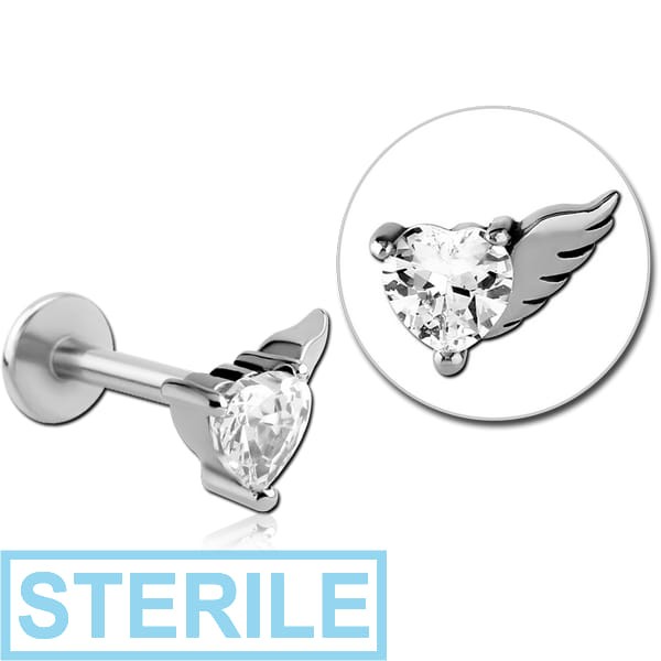 STERILE SURGICAL STEEL MICRO LABRET WITH JEWELLED ATTACHMENT - HEART WITH RIGHT WING
