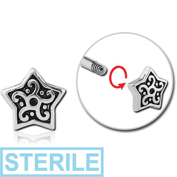 STERILE SURGICAL STEEL MICRO ATTACHMENT FOR 1.2MM THREADED PINS - SURGICAL STEEL MICRO LABRET WITH JEWELLED ATTACHMENT - FILIGREE STAR