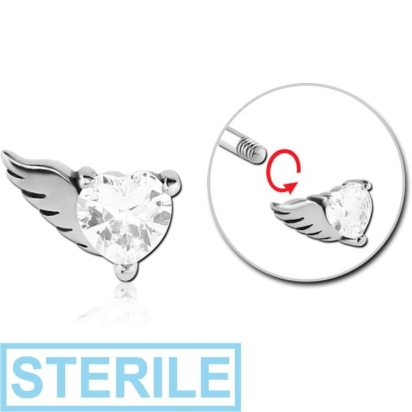 STERILE SURGICAL STEEL MICRO THREADED HEART WITH LEFT WING JEWELLED ATTACHMENT