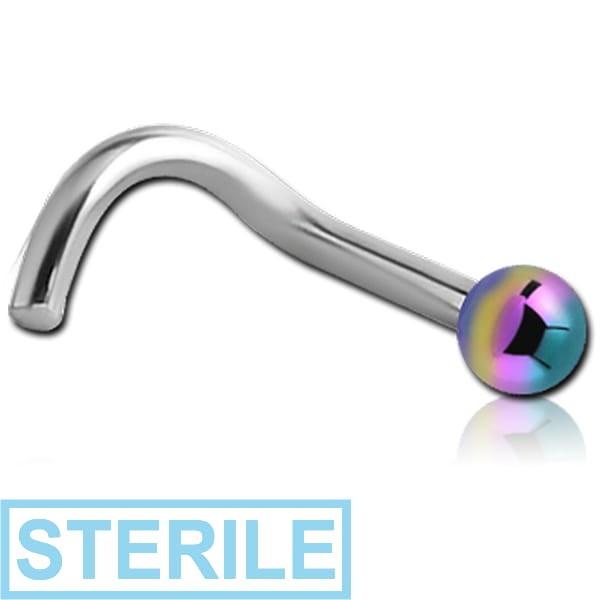STERILE SURGICAL STEEL 1.2MM THREADING CURVED NOSE STUD WITH ANODISED BALL