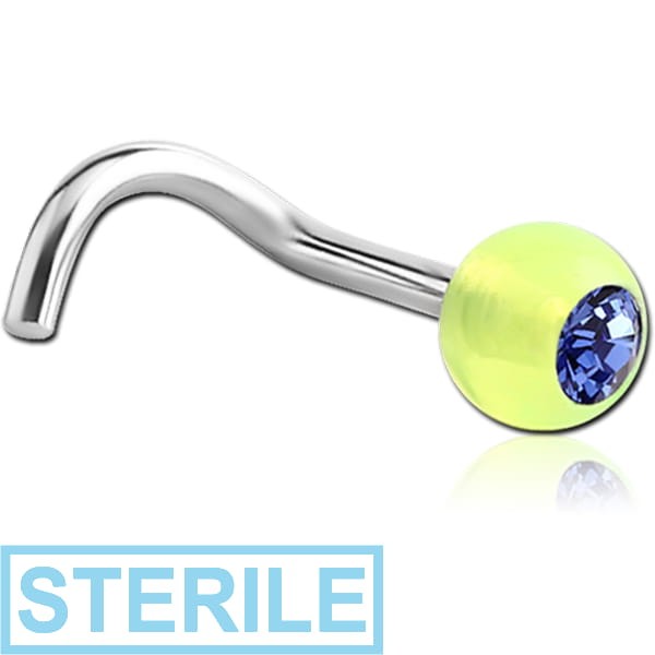 STERILE SURGICAL STEEL 1.2MM THREADING CURVED NOSE STUD WITH UV JEWELLED BALL