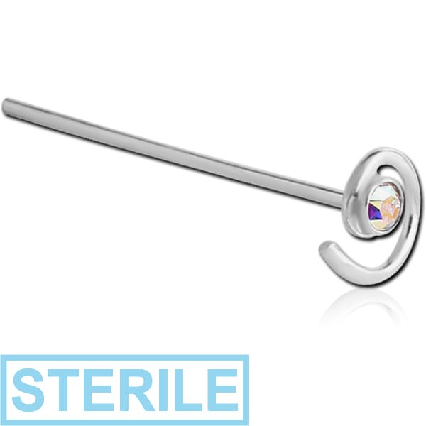 STERILE STERLING SILVER 925 JEWELLED SPIRAL STRAIGHT NOSE STUD
