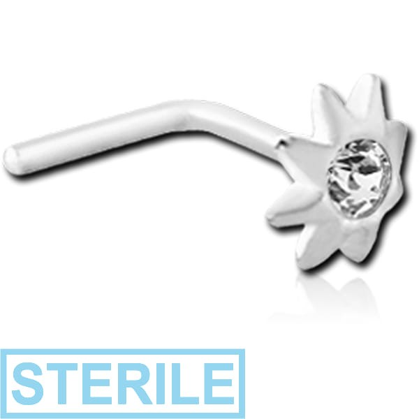 STERILE STERLING SILVER 925 JEWELLED SUN 90 DEGREE NOSE STUD
