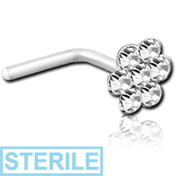 STERILE STERLING SILVER 925 JEWELLED FLOWER 90 DEGREE NOSE STUD