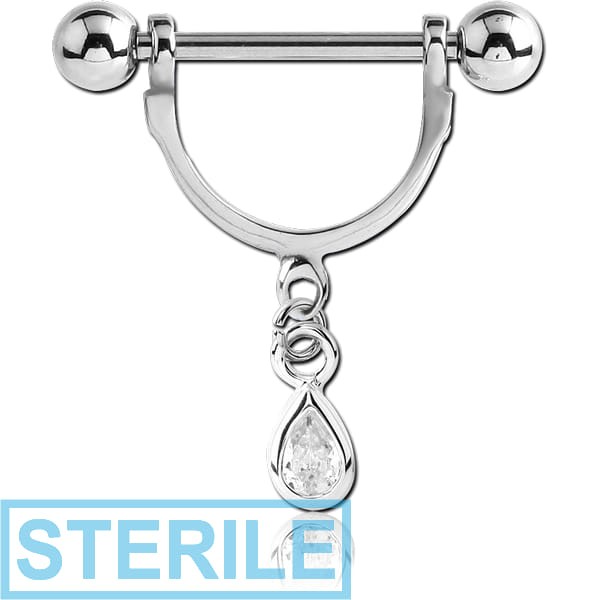 STERILE SURGICAL STEEL NIPPLE STIRRUP WITH TEAR DROP JEWELLED DANGLING CHARM