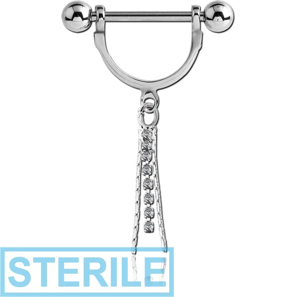 STERILE SURGICAL STEEL NIPPLE STIRRUP WITH JEWELLED DANGLING CHARM