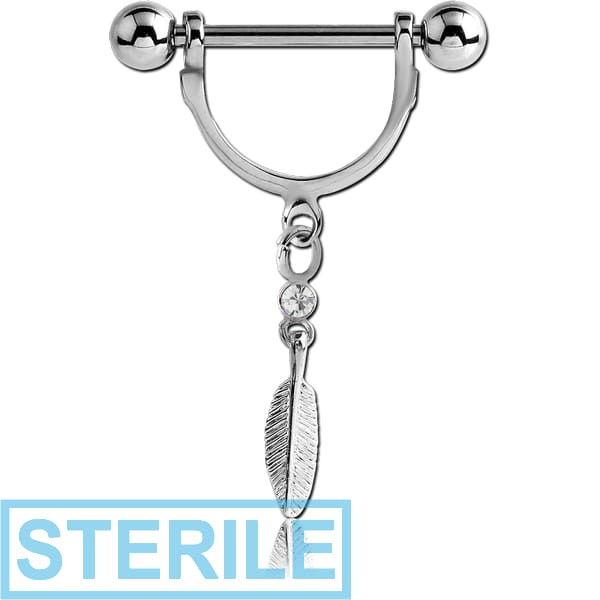 STERILE SURGICAL STEEL NIPPLE STIRRUP WITH JEWELLED FEATHER DANGLING CHARM