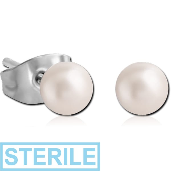 STERILE PAIR OF SYNTHETIC PEARL BALL EAR STUDS