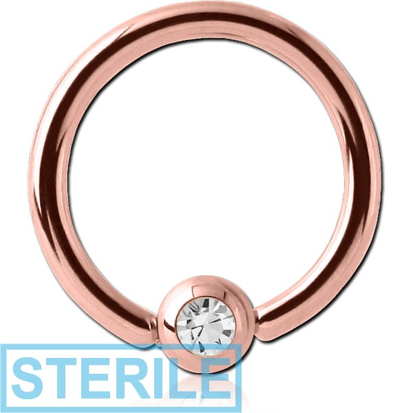 STERILE ROSE GOLD PVD COATED SURGICAL STEEL JEWELLED BALL CLOSURE RING WITH OPTIMA CRYSTAL