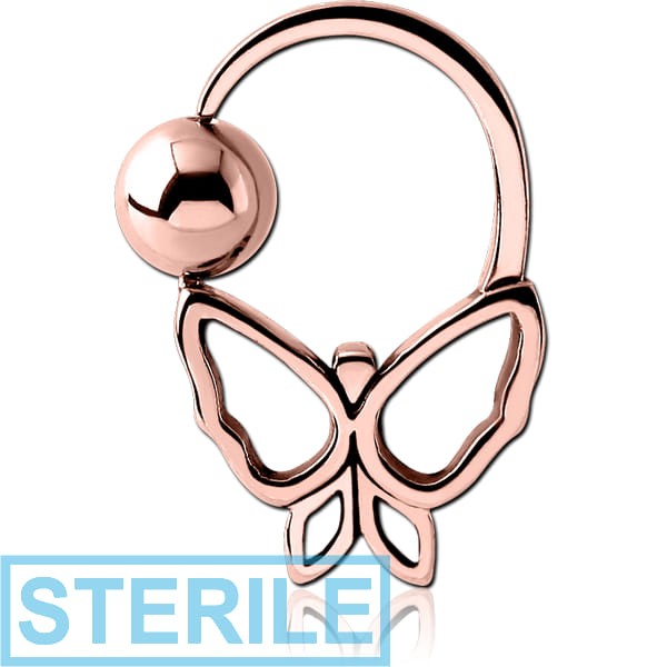 STERILE ROSE GOLD PVD COATED SURGICAL STEEL BUTTERFLY SIDE BALL CLOSURE RING