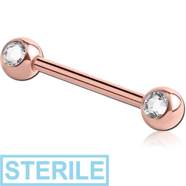 STERILE ROSE GOLD PVD COATED SURGICAL STEEL DOUBLE SIDE HIGH END CRYSTALS JEWELLED NIPPLE BARBELL