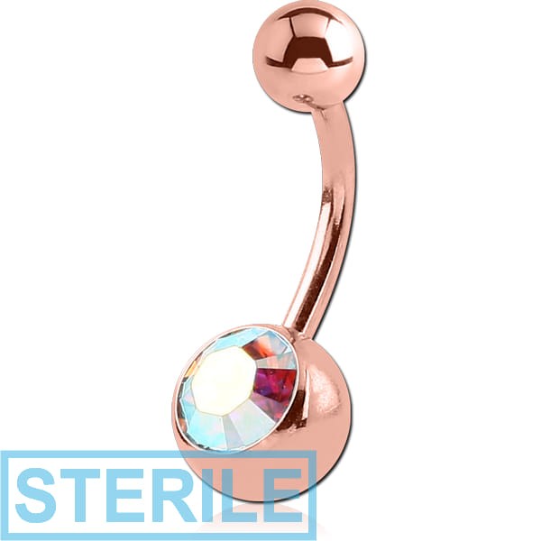 STERILE ROSE GOLD PVD COATED SURGICAL STEEL HIGH END CRYSTAL JEWELLED NAVEL BANANA