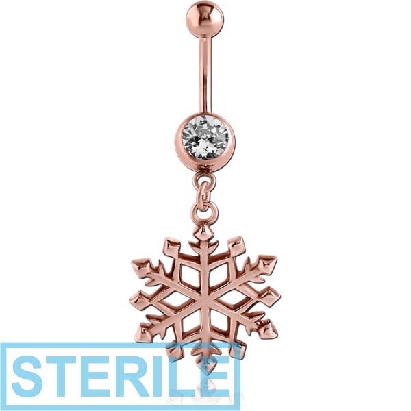 STERILE ROSE GOLD PVD COATED SURGICAL STEEL JEWELLED NAVEL BANANA WITH DANGLING CHARM - SNOWFLAKE