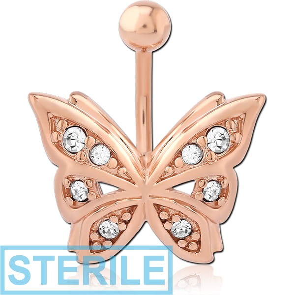STERILE ROSE GOLD PVD COATED BRASS JEWELLED NAVEL BANANA - BUTTERFLY